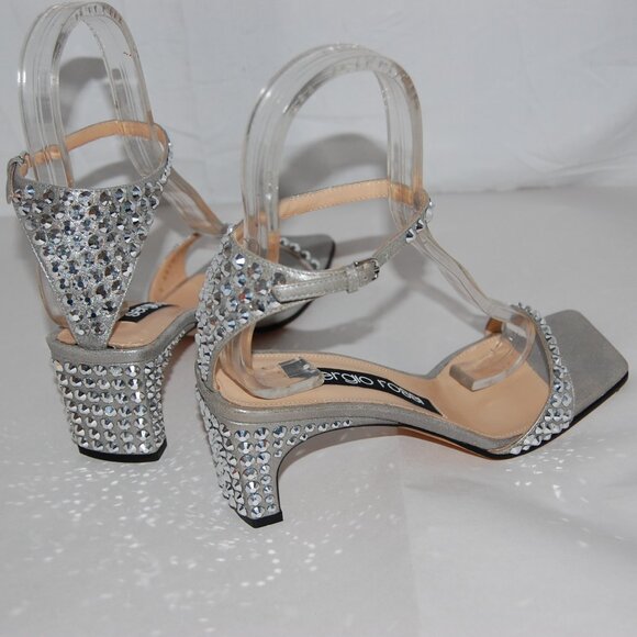 US 6.5 ❤️ SERGIO ROSSI Silver Crystal Rhinestone Embellished Ankle Strap Sandals - Picture 10 of 12